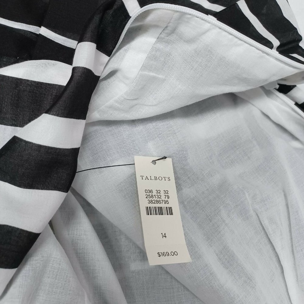 Talbots Dress Fit & Flare Pleated Sz 14 Sleeveless Linen Cotton Black White - Picture 8 of 10